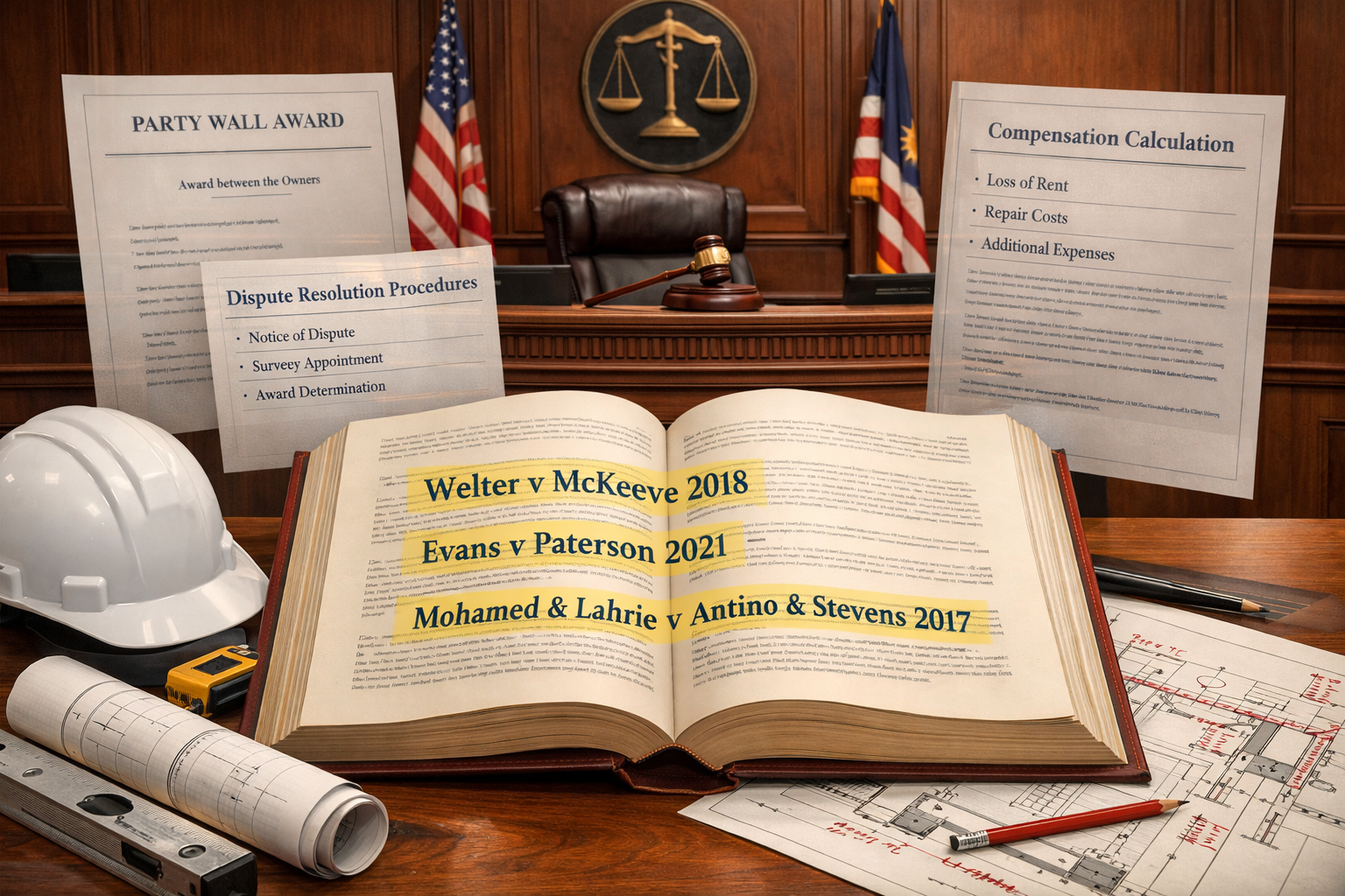 Detailed () courtroom scene illustration showing judge's bench in background with gavel, foreground displays large open law