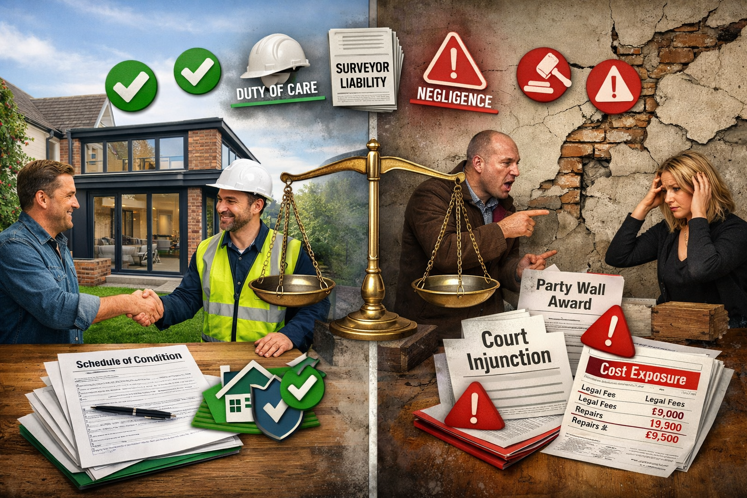 Detailed () conceptual split-screen composition showing two contrasting scenarios of party wall dispute resolution. Left