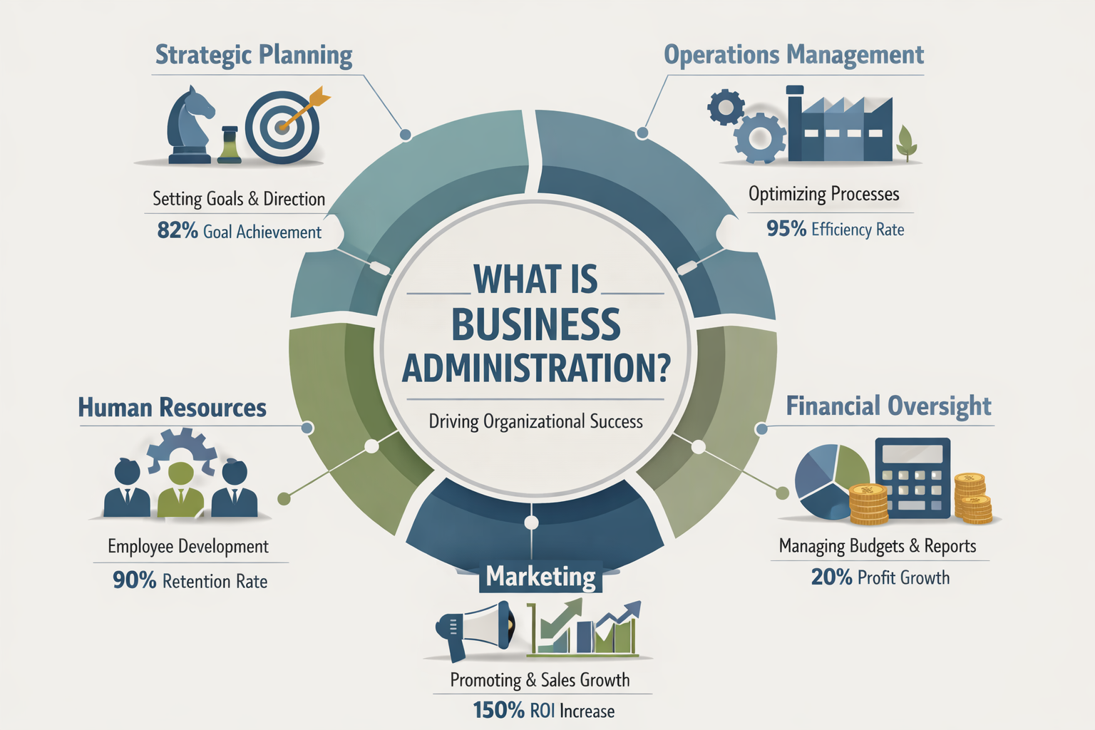An intricate infographic illustrating the core pillars of business administration: strategic planning, operations management, financial over
