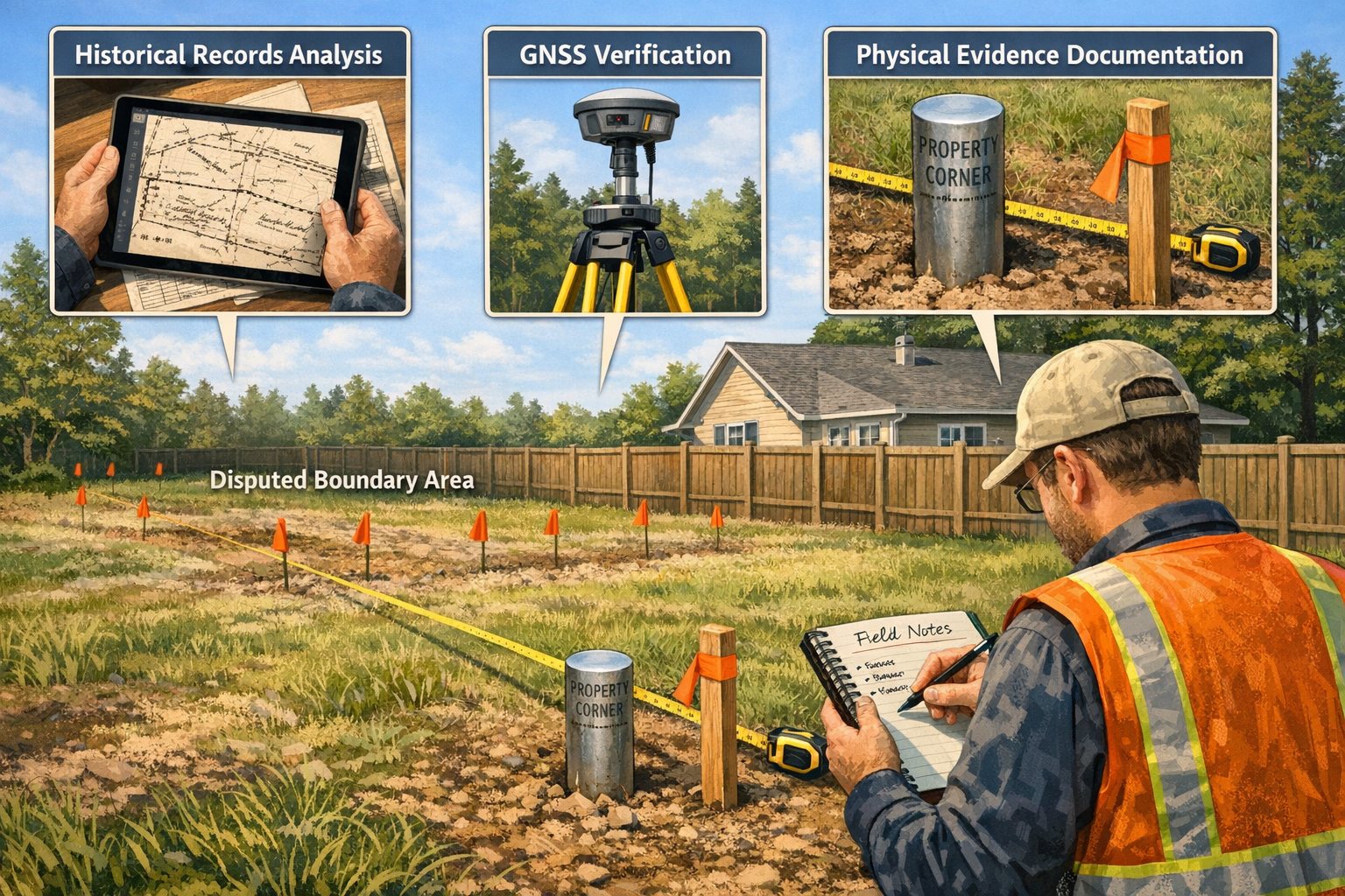 Landscape format (1536x1024) detailed illustration showing field surveyor conducting boundary investigation with multiple techniques visible