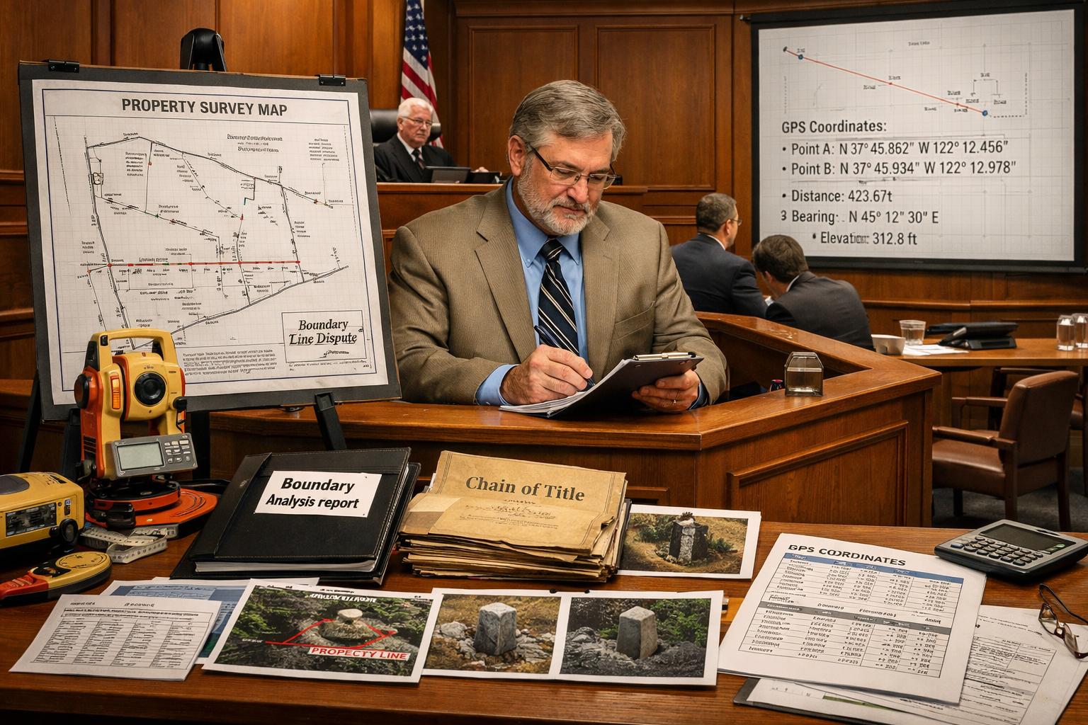 Landscape format (1536x1024) comprehensive courtroom preparation scene showing property surveyor as expert witness: foreground displays orga