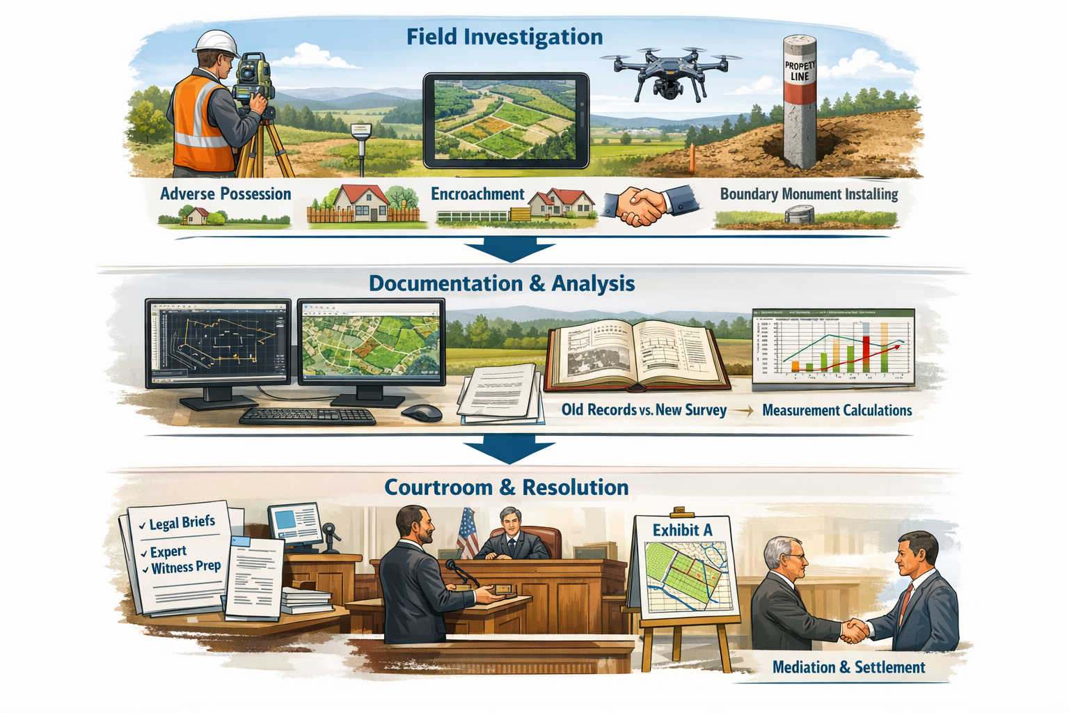 Landscape format (1536x1024) detailed infographic-style illustration demonstrating complete boundary dispute resolution workflow from field 