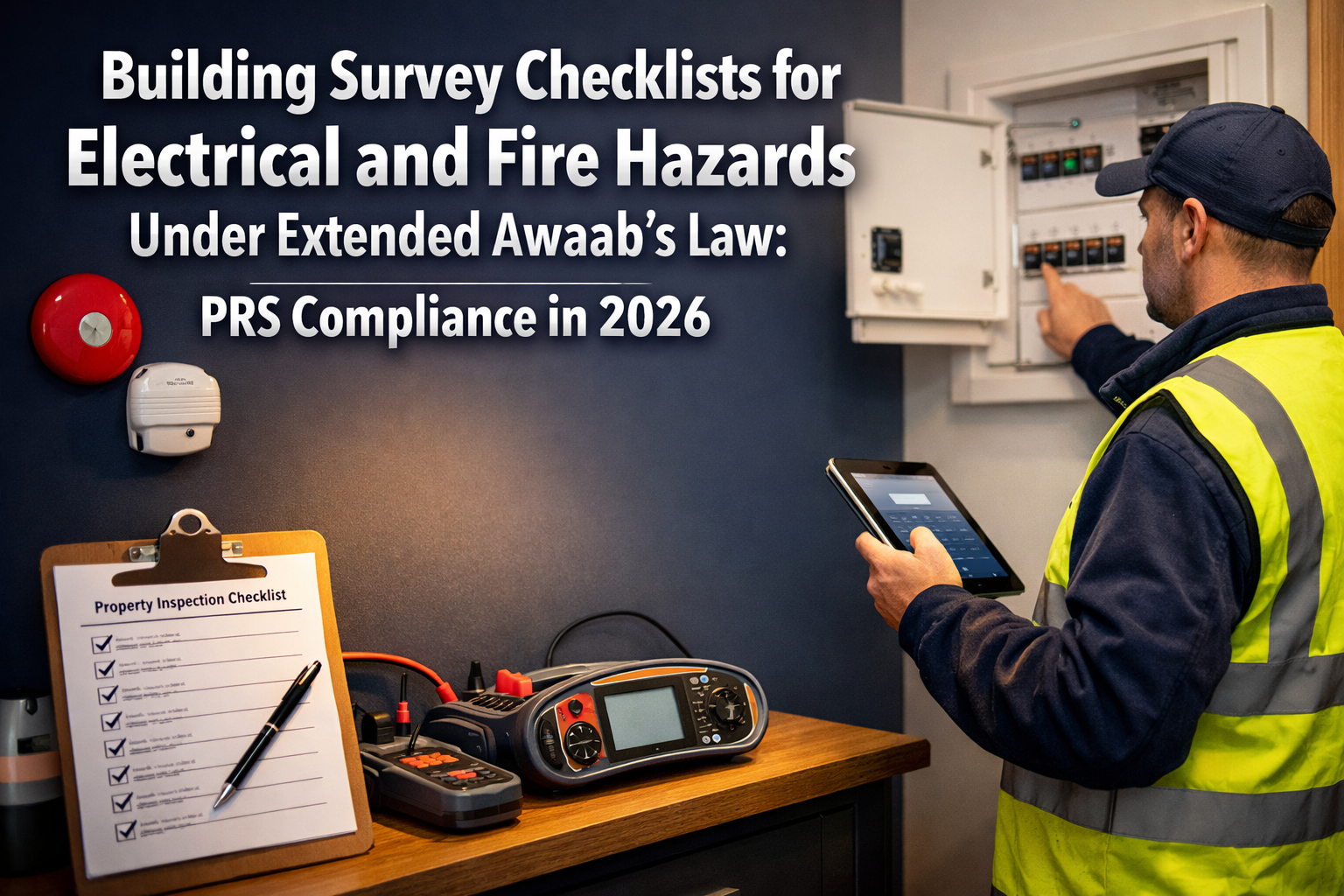 Professional () hero image with : 'Building Survey Checklists for Electrical and Fire Hazards Under Extended Awaab's Law: