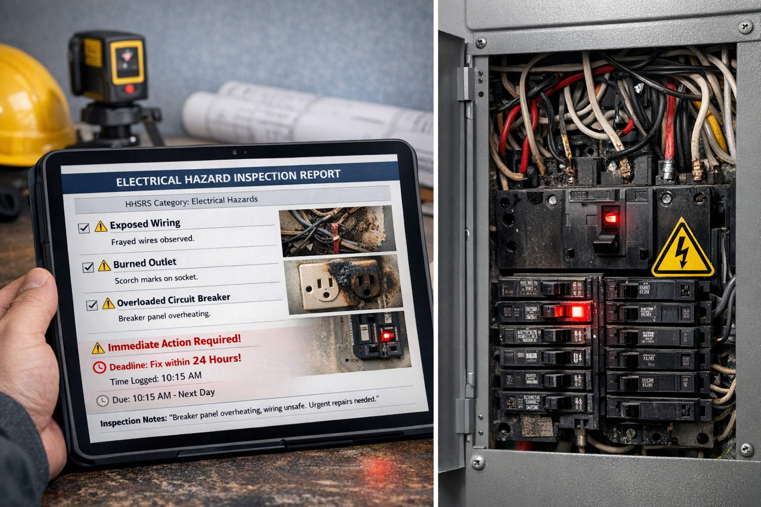 Detailed () image showing close-up of professional building survey checklist on tablet device with electrical hazard