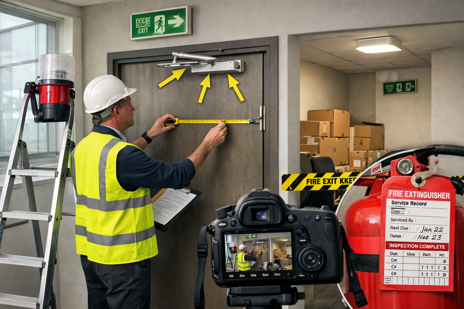 Wide-angle () image of rental property fire safety inspection in progress, surveyor examining fire door with measuring tape