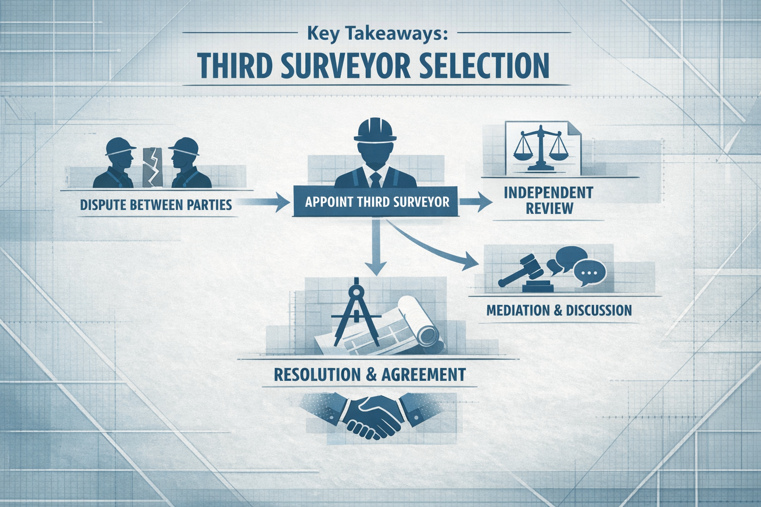 Key Takeaways infographic visualizing Third Surveyor Selection process, featuring a central flowchart with branching