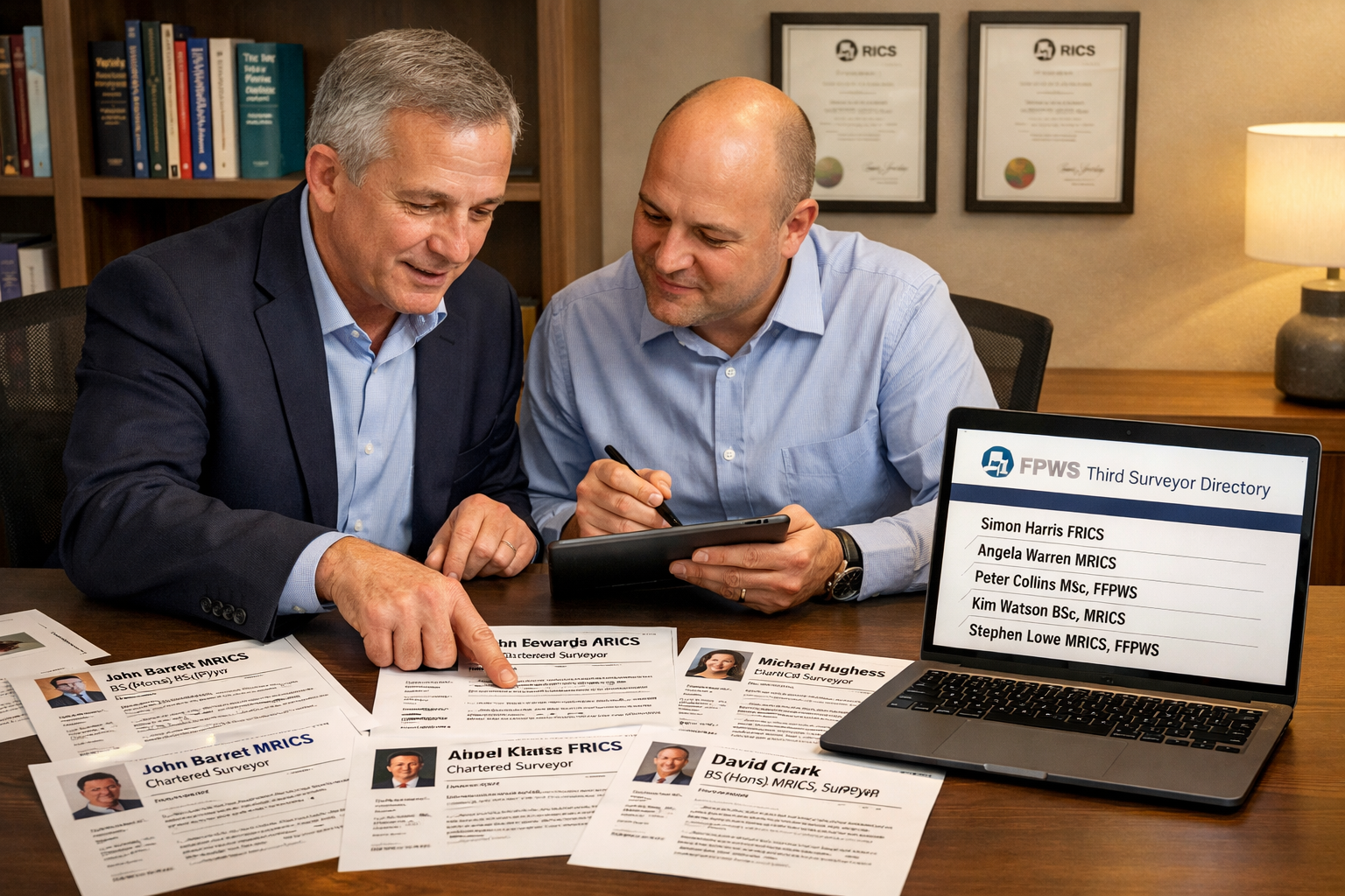 () professional photograph of two party wall surveyors collaboratively reviewing a shortlist of third surveyor candidates,