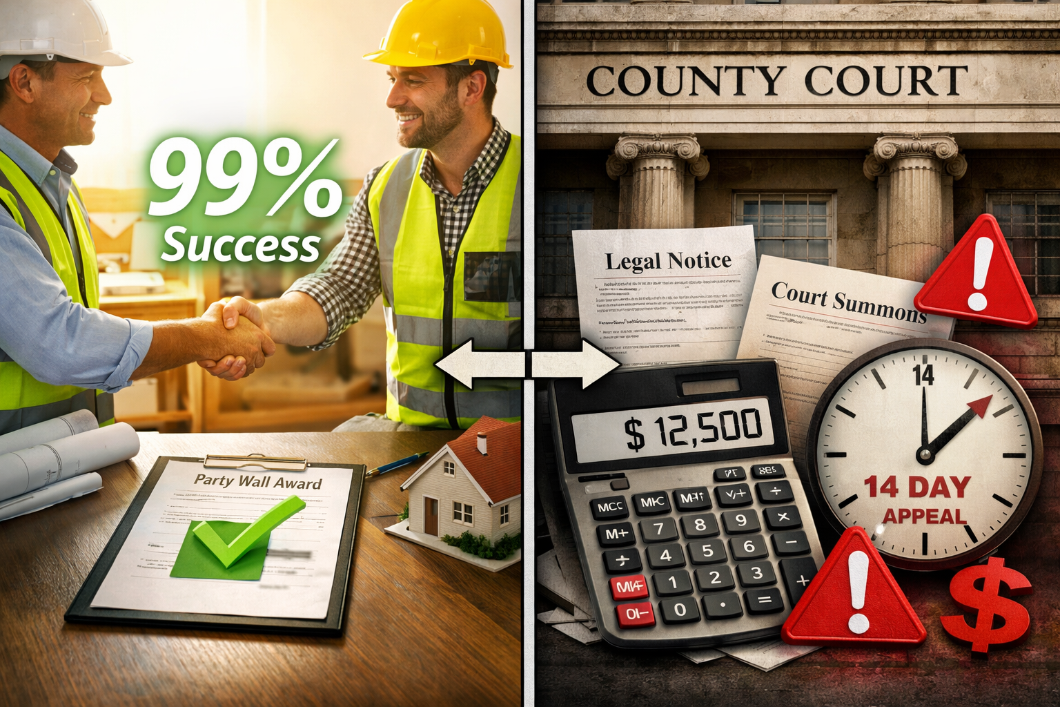 () conceptual split-screen comparison image showing two contrasting scenarios: left side depicts successful collaborative