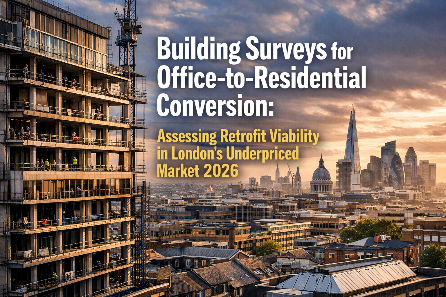 Professional landscape hero image (1536x1024) with bold text overlay: "Building Surveys for Office-to-Residential Conversion: Assessing Retr