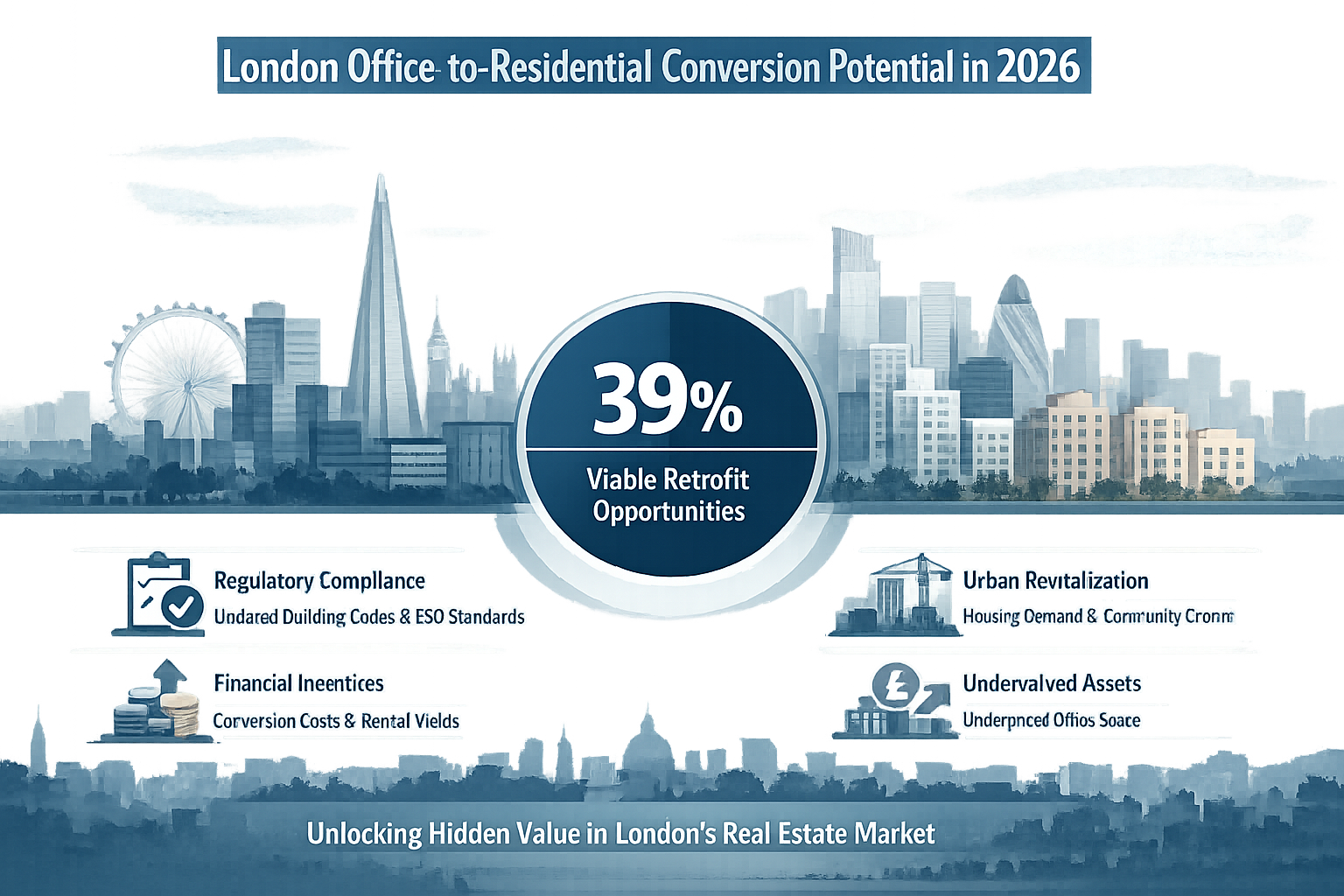 Infographic-style key takeaways visualization depicting London office-to-residential conversion potential in 2026, featuring a dynamic citys