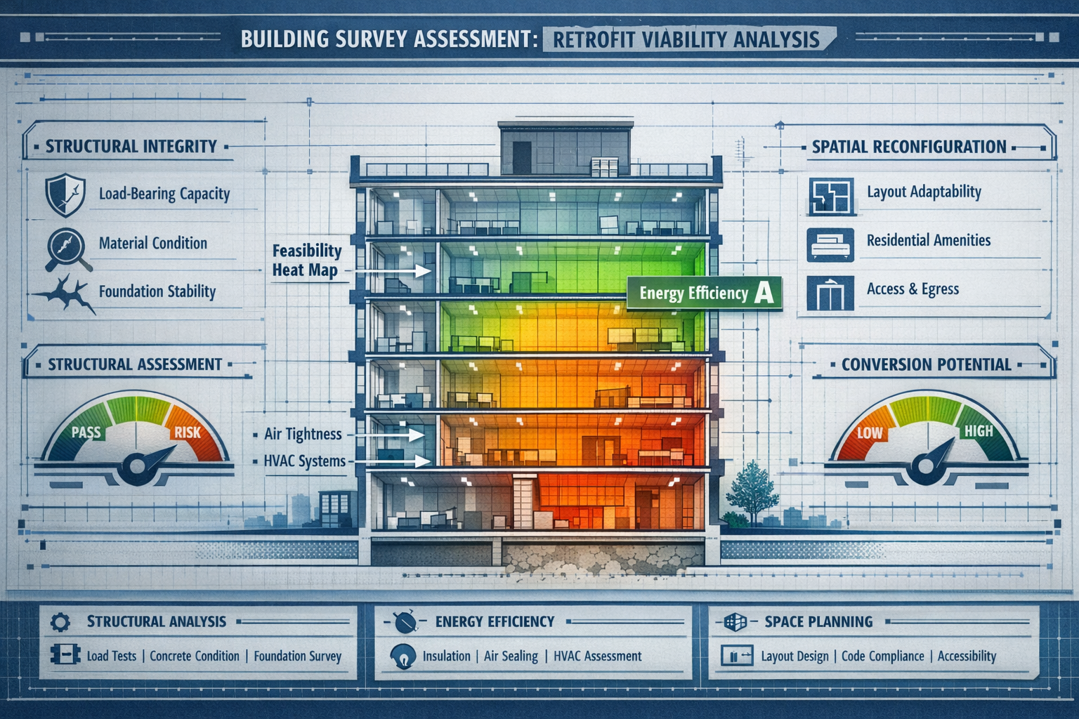 Comprehensive building survey assessment diagram showcasing critical retrofit viability criteria, featuring layered technical illustration w
