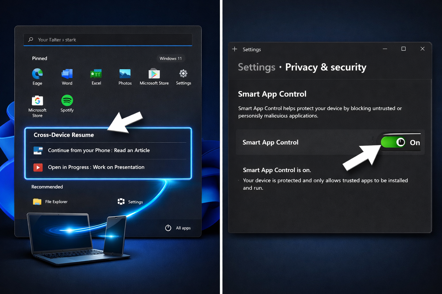 What's New in Windows 11 February 2026 Patch Hype Landscape format (1536x1024) editorial image showing split-screen composition: left side displays Windows 11 Start menu with new Cross-Devic