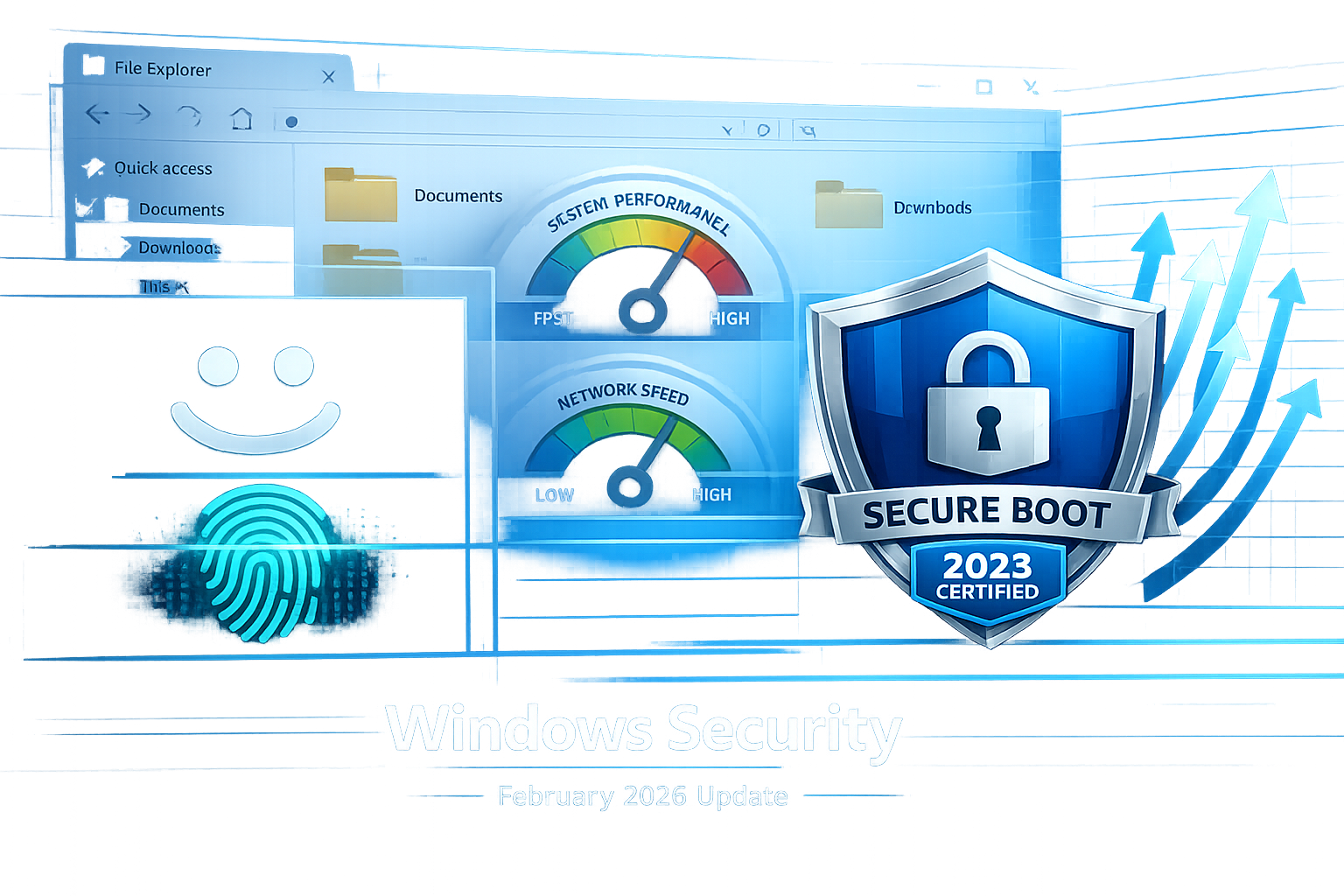 What's New in Windows 11 February 2026 Patch Hype Landscape format (1536x1024) professional infographic showing Windows security dashboard with multiple layers: foreground displays Windows H