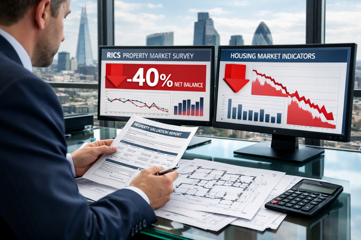 Detailed () editorial image showing close-up of professional chartered surveyor in business attire reviewing property