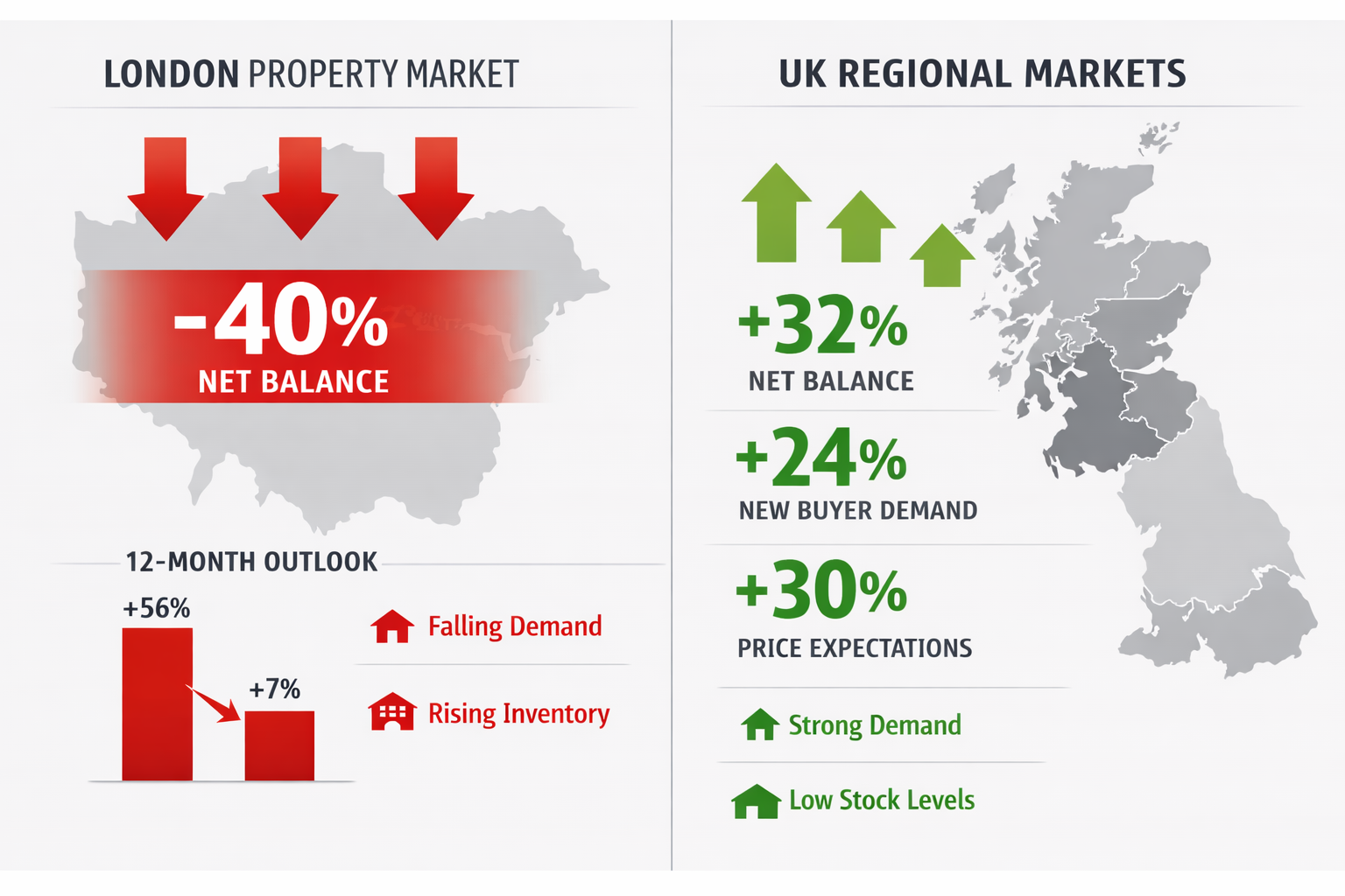Sophisticated () infographic-style visualization showing split-screen comparison of London versus UK regional property