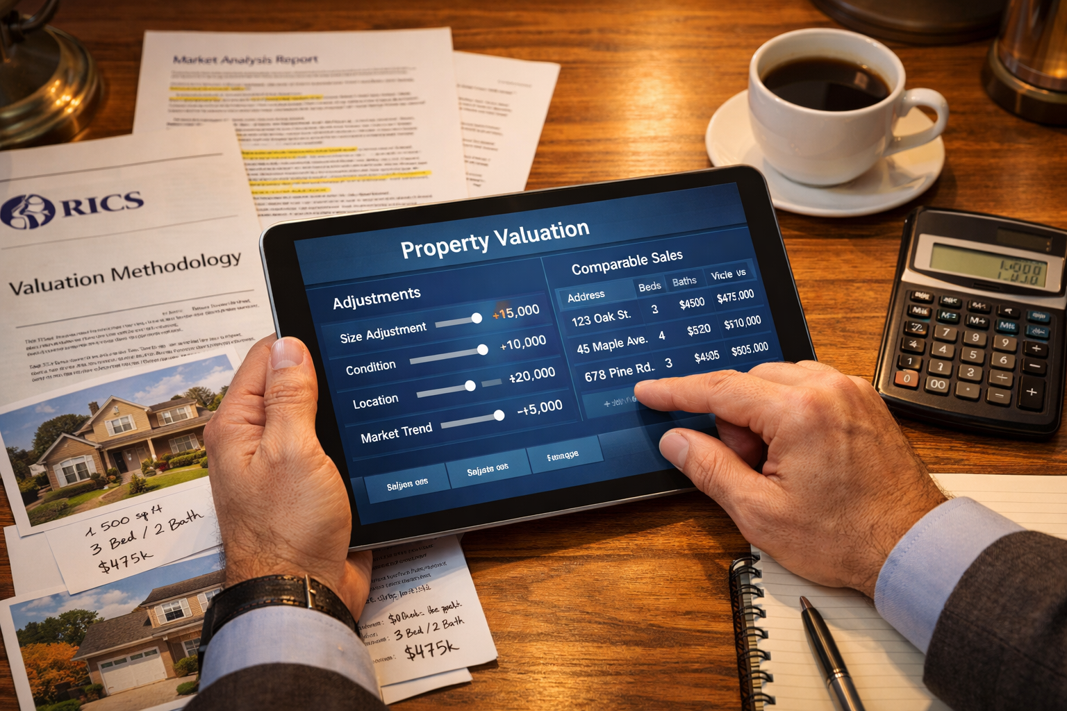 Professional () conceptual image depicting valuation strategy implementation, showing surveyor's hands using digital tablet
