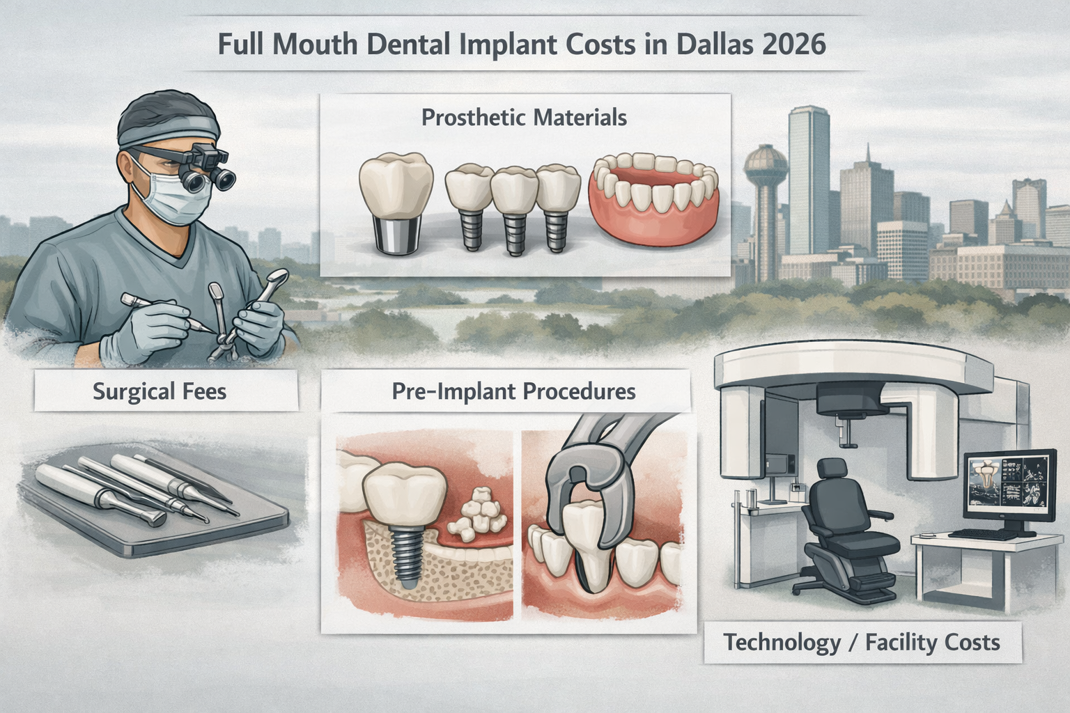 A concept illustration in landscape format (1536x1024) visually representing the various components influencing full mouth dental implant co