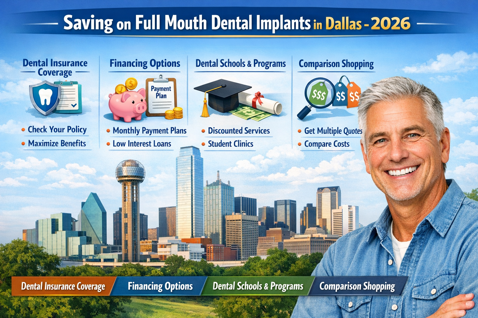 A visually engaging infographic in landscape format (1536x1024) illustrating practical savings tips and financial strategies for full mouth 