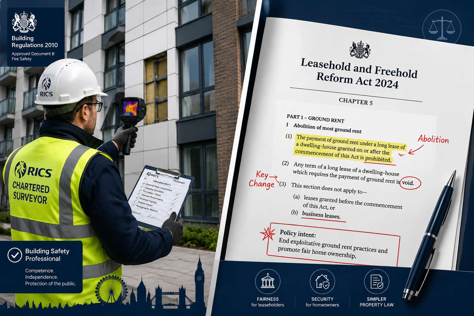 Detailed () editorial illustration showing a split-scene composition: left half depicts a RICS chartered surveyor in hard