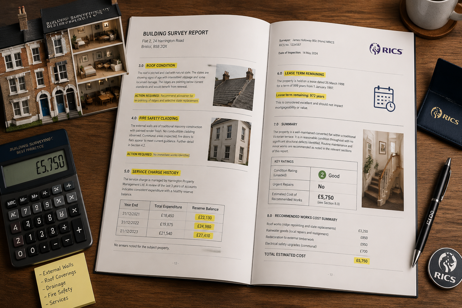 Detailed () showing an overhead flat-lay composition of a building survey report spread open on a wooden desk, with key