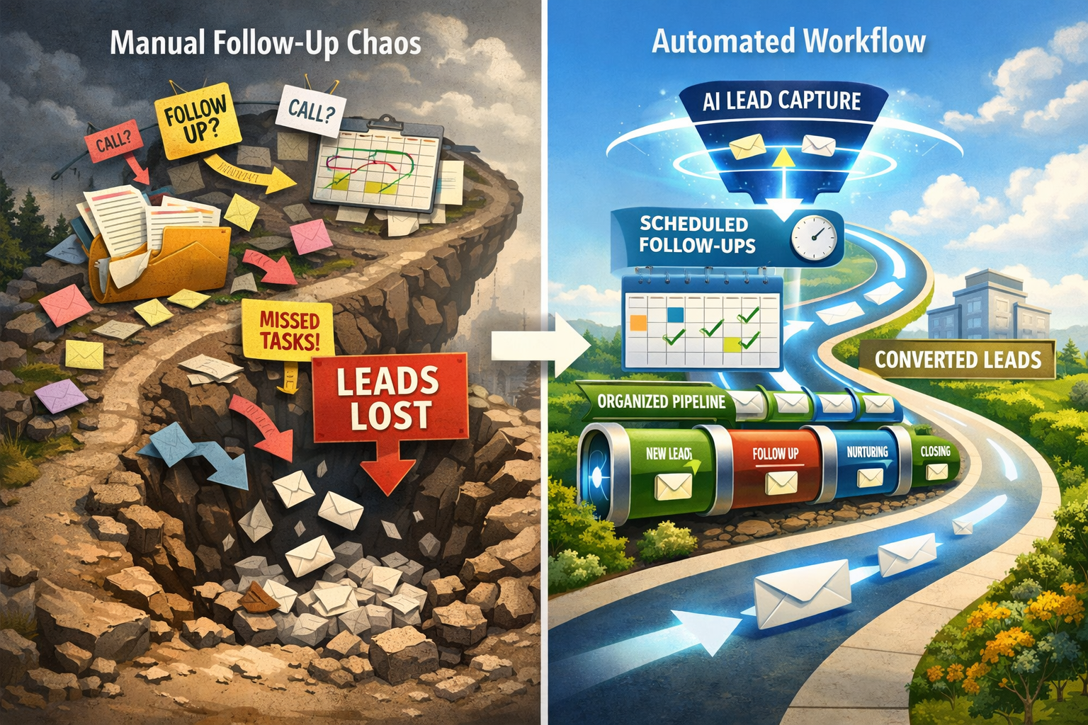 Professional landscape illustration () showing two parallel paths - left side displays manual follow-up chaos with sticky