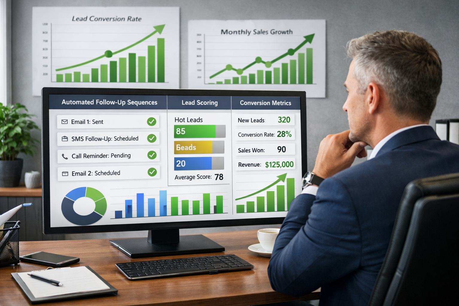 () modern office scene showing business owner confidently reviewing organized lead dashboard on computer screen displaying