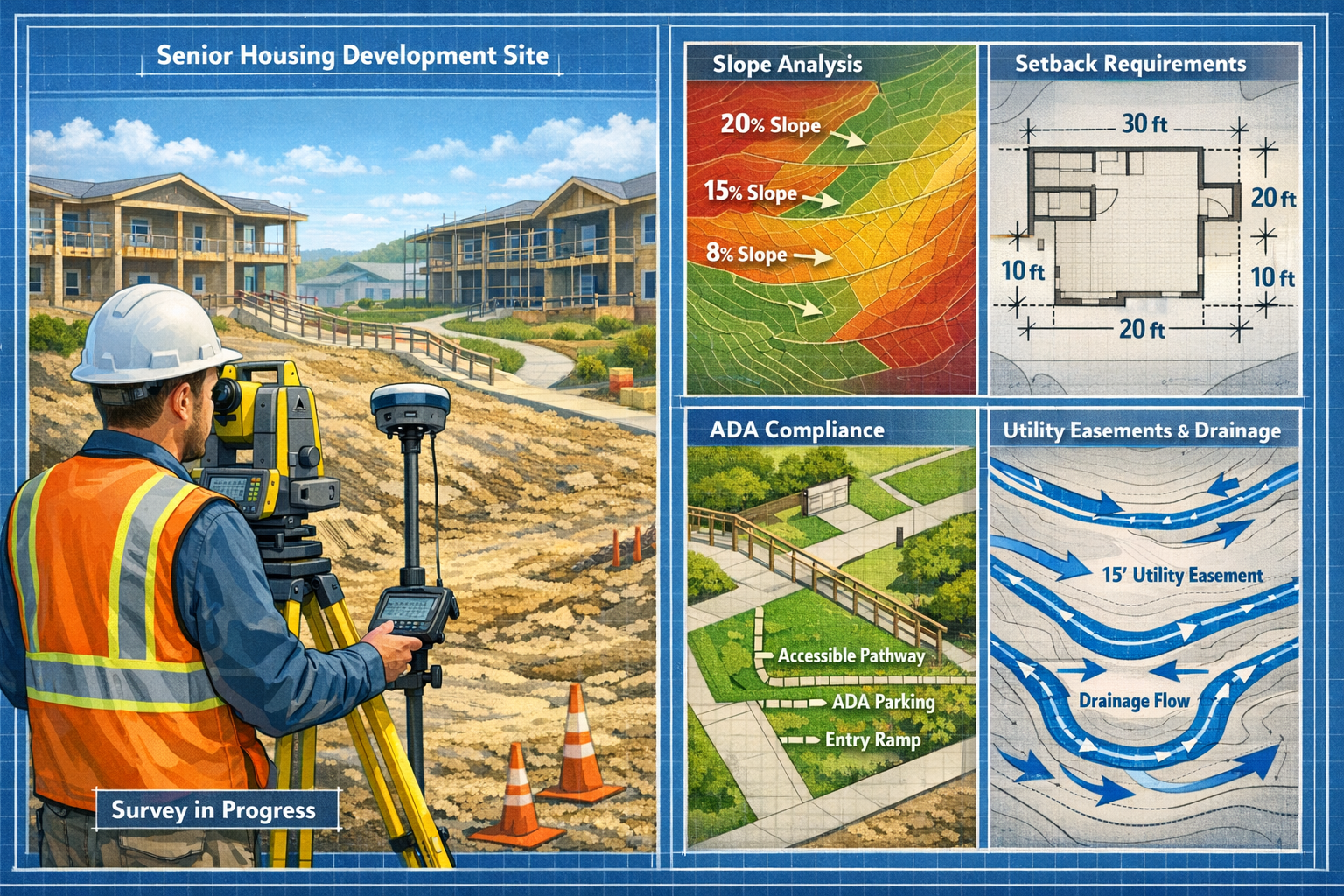 Landscape format (1536x1024) detailed illustration showing surveyor conducting topographic assessment at senior housing development site wit