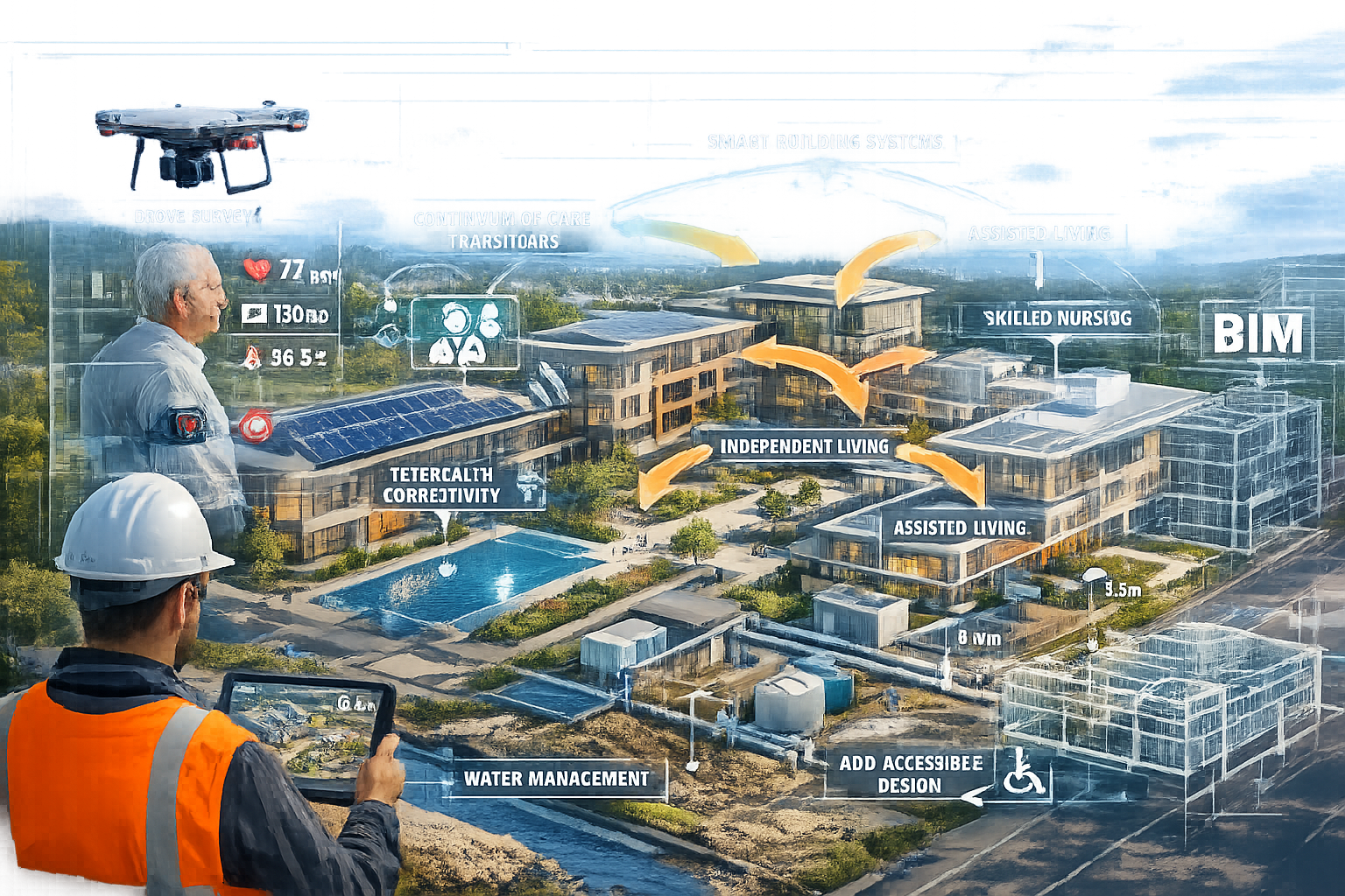Landscape format (1536x1024) futuristic visualization showing technology-integrated senior housing development with surveyor using drone for