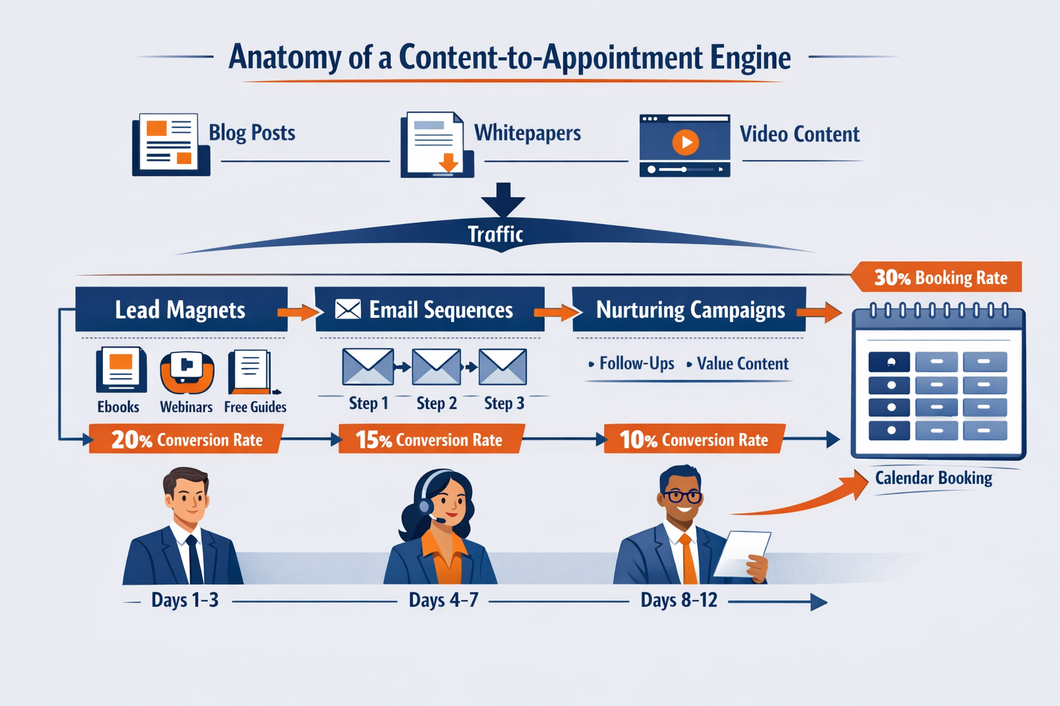 Landscape format (1536x1024) illustration showing the anatomy of a content-to-appointment engine with detailed flowchart visualization. Feat