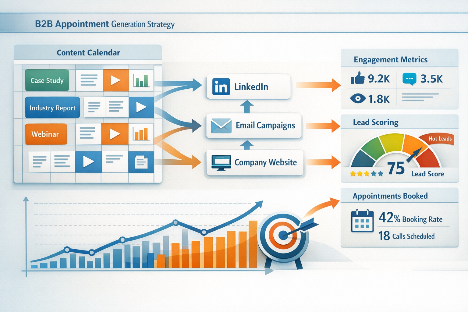 Landscape format (1536x1024) visual representation of content creation and distribution strategy for B2B appointment generation. Shows conte