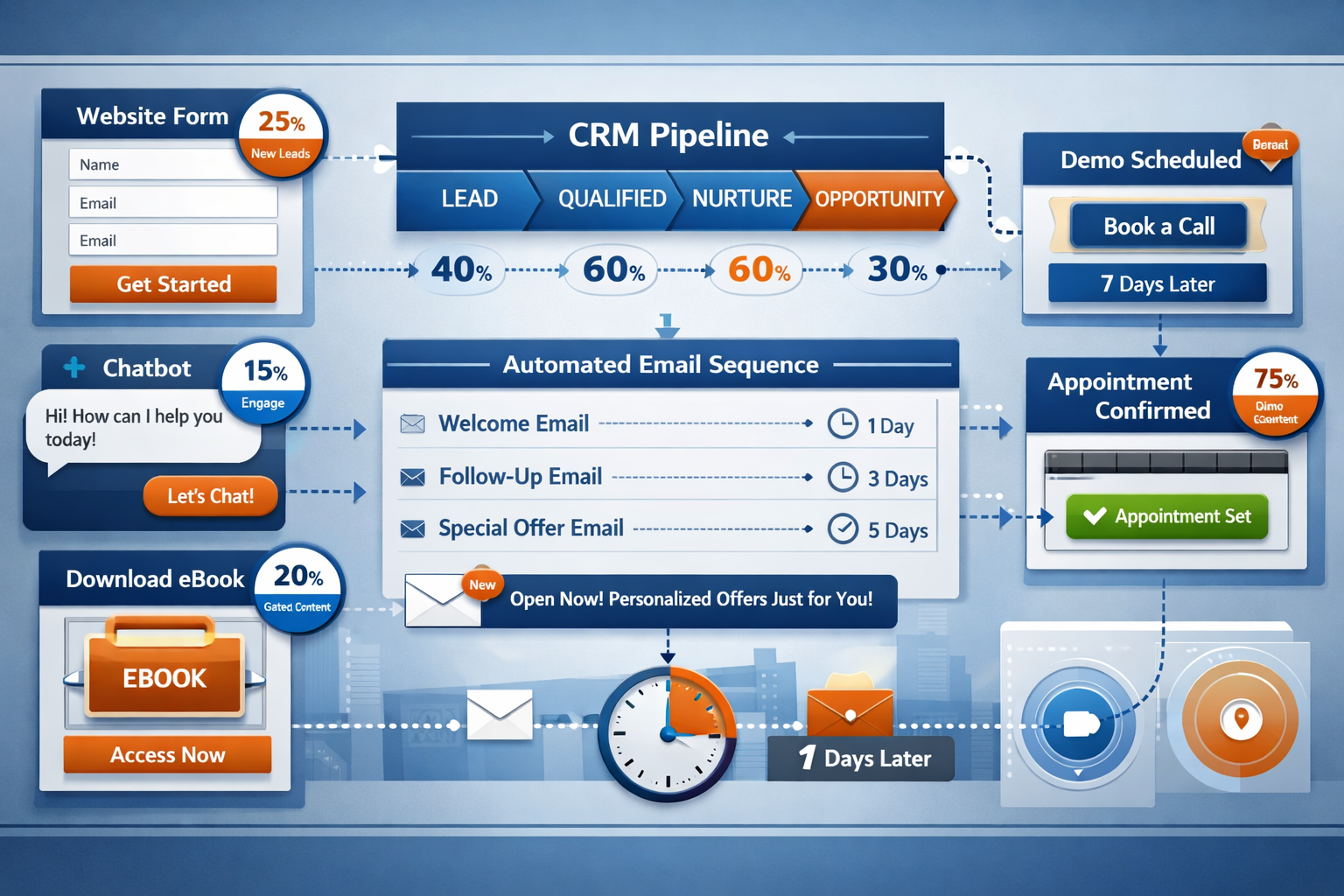 Landscape format (1536x1024) detailed visualization of lead capture and nurturing automation systems. Displays website forms, chatbots, and 