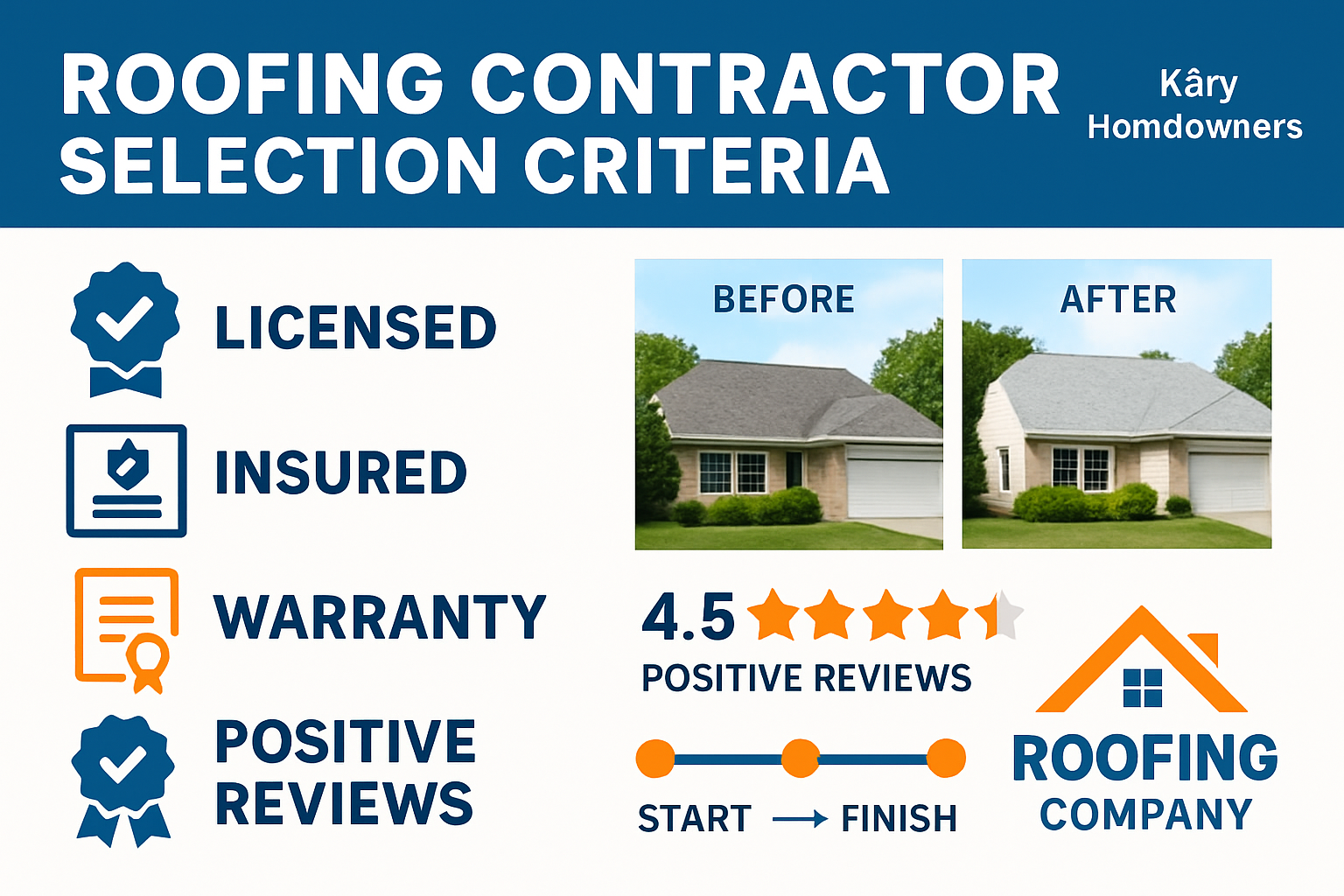 Comprehensive landscape infographic (1536x1024) displaying roofing contractor selection criteria for Katy homeowners. Visual elements includ