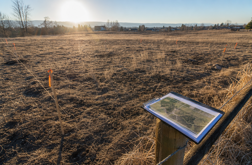 Wide-angle ground-level shot of a raw land parcel with wooden survey stakes and orange flags marking property corners, a