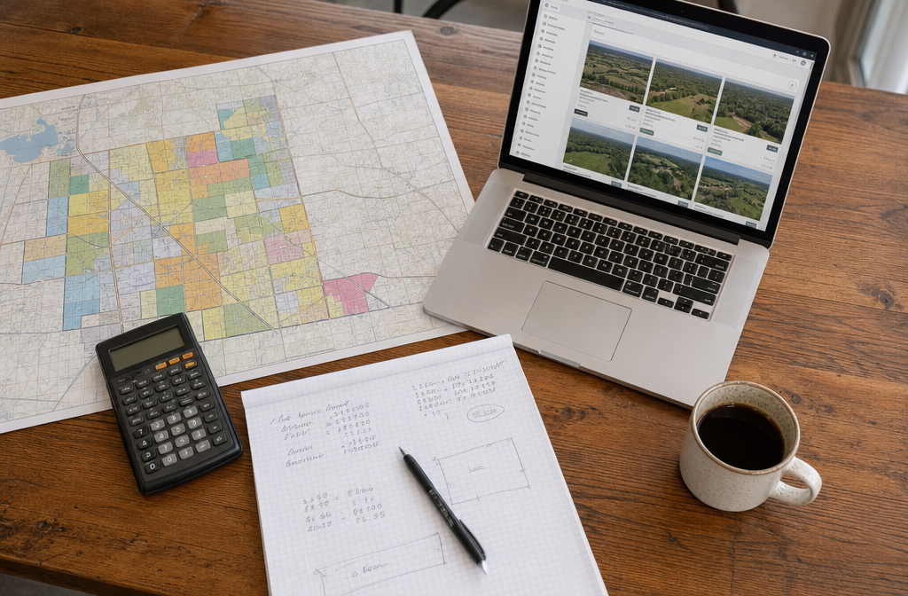 Close-up overhead flat-lay of a land investment research workspace showing a county zoning map, a laptop open to a land