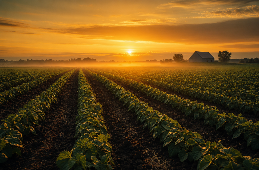 Cinematic wide-angle landscape of agricultural farmland at sunrise with rows of crops extending to the horizon, a lone barn