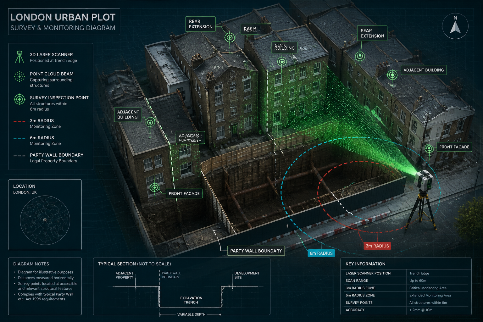 Detailed () aerial-perspective technical diagram showing a London urban plot with deep excavation trench running parallel to