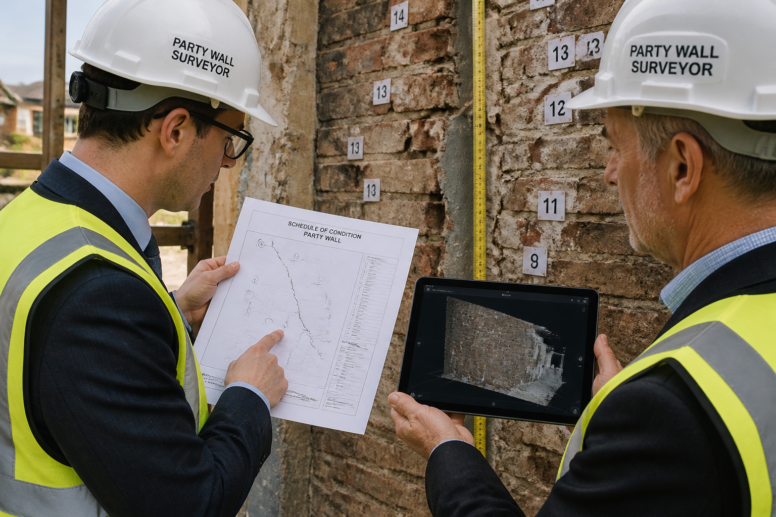 Detailed () close-up scene of two professional party wall surveyors in formal attire and safety helmets reviewing a printed