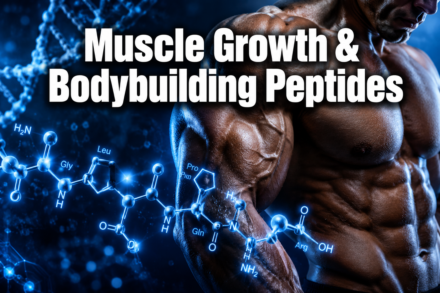 Professional () hero image with : 'Muscle Growth & Bodybuilding Peptides' in extra large white with dark drop , centered
