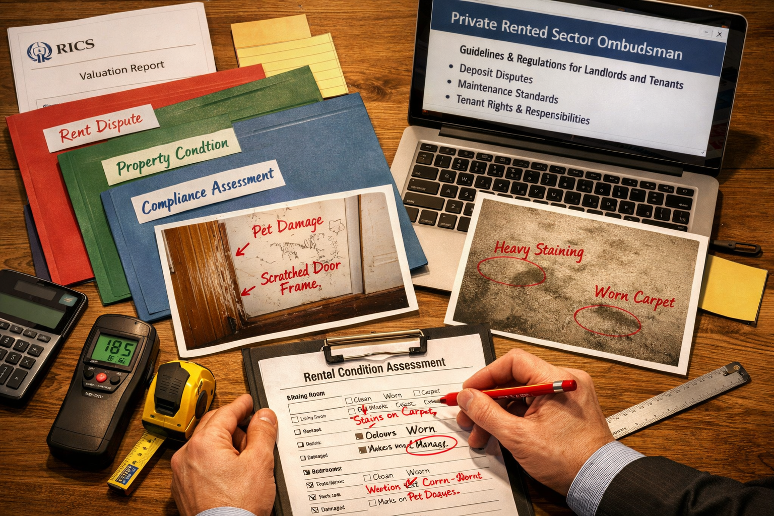 Detailed () image showing close-up overhead view of expert witness report preparation workspace with RICS valuation