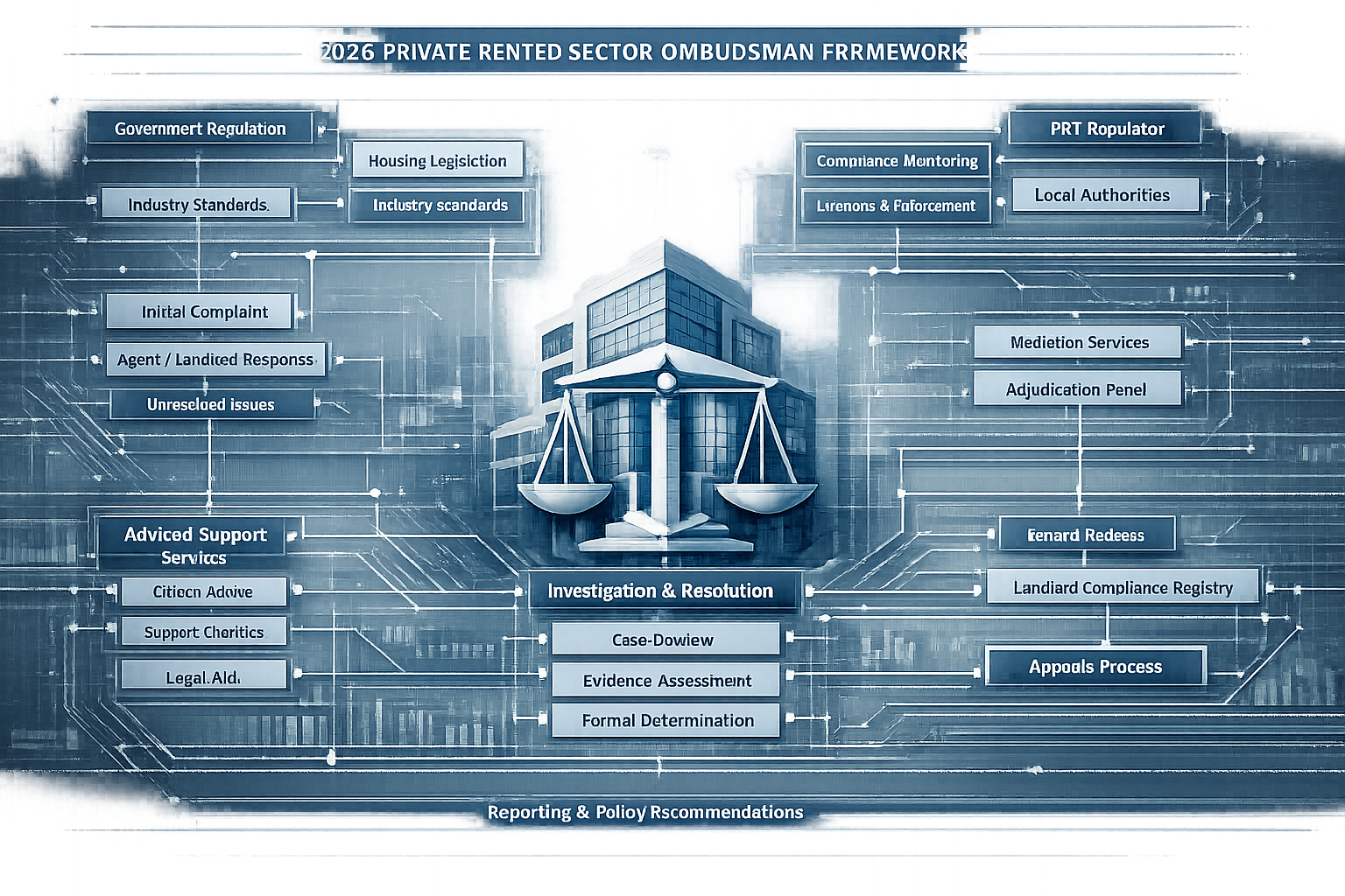 Detailed architectural infographic representing the 2026 Private Rented Sector Ombudsman Framework, featuring interconnected