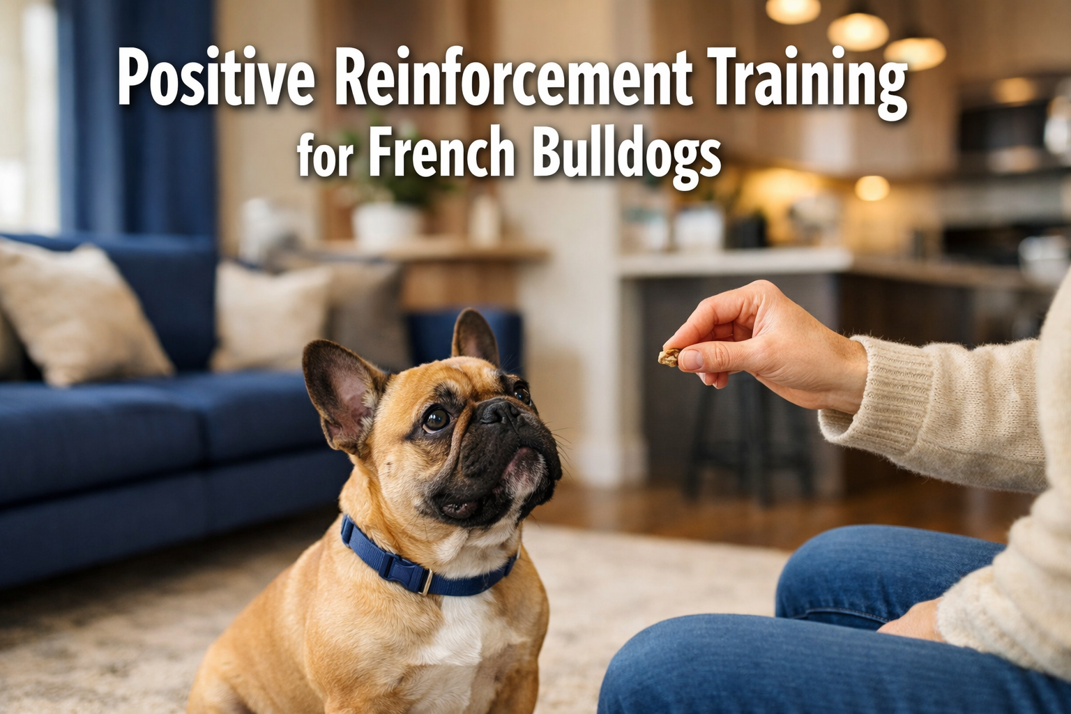 Professional landscape format (1536x1024) hero image featuring bold text overlay 'Positive Reinforcement Training for French Bulldogs' in ex