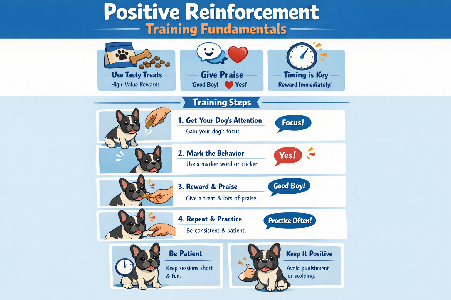 Portrait format (1024x1536) infographic showing positive reinforcement training fundamentals with French Bulldog illustrations, treat reward