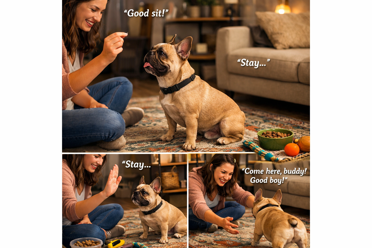 Portrait format (1024x1536) detailed training session scene showing French Bulldog performing basic commands like sit, stay, come with owner