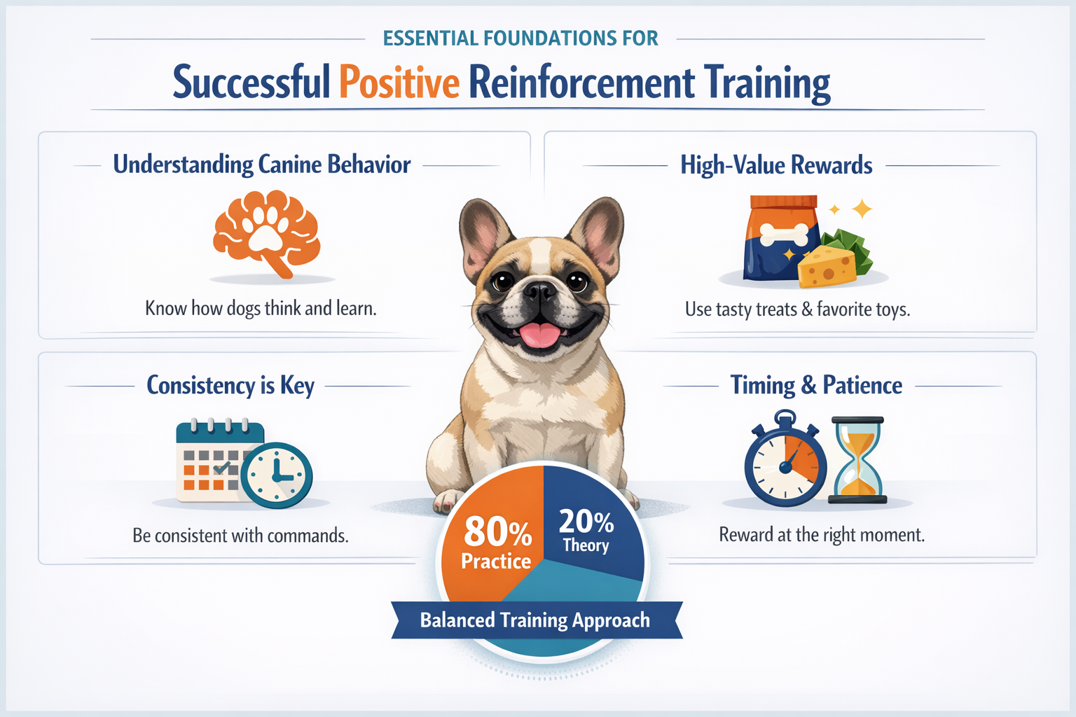 Professional infographic for article "Positive Reinforcement Training for French Bulldogs: The Complete Guide to a Well-Behaved Frenchie", s