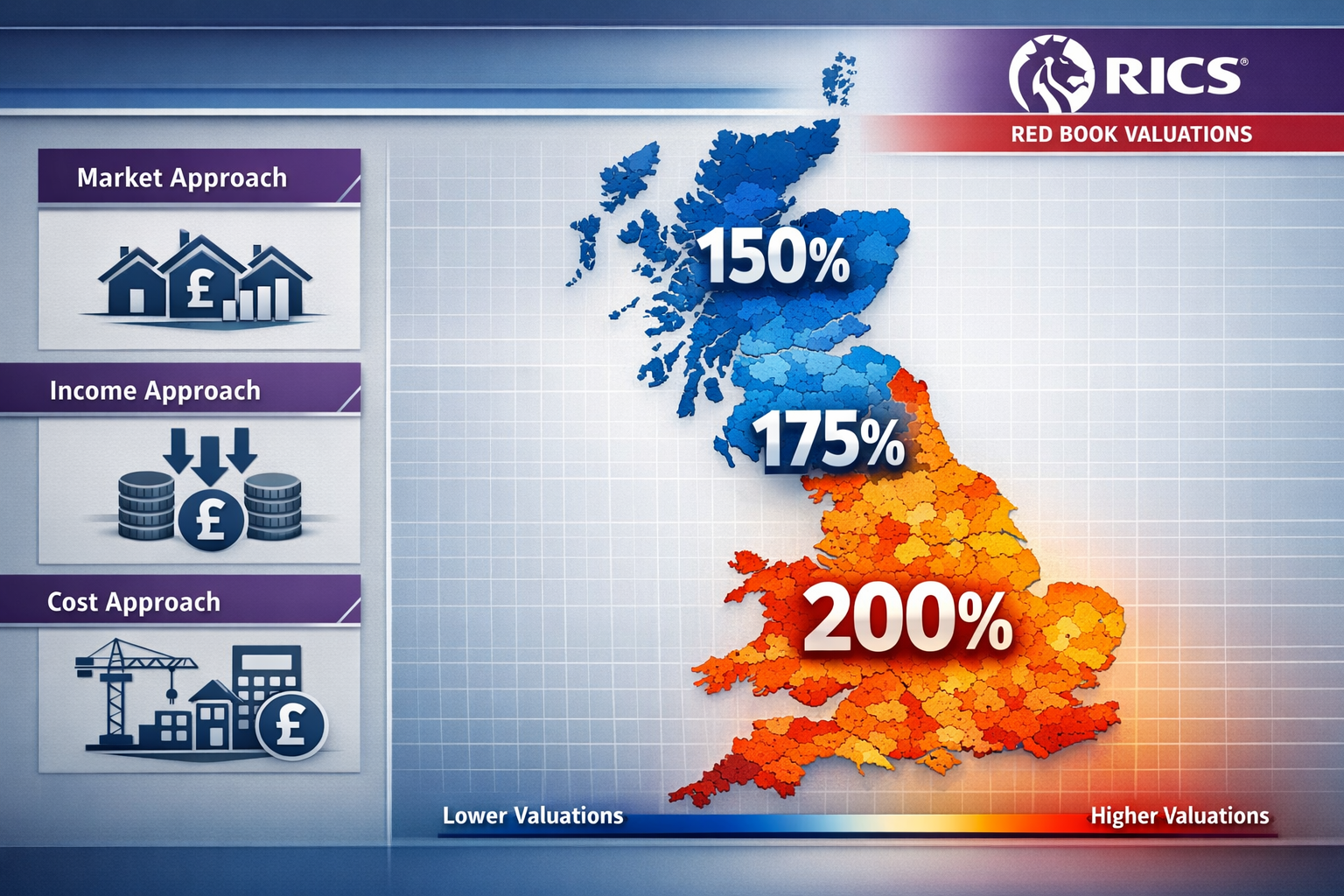 Detailed () infographic showing UK map with heat-mapped property price zones, Northern regions in cool blues showing