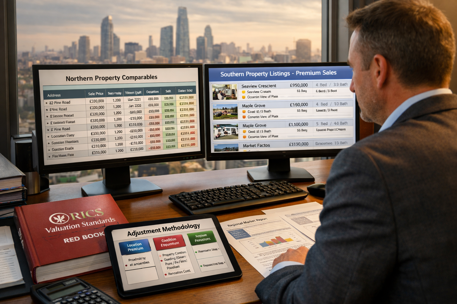 Detailed () professional office scene showing RICS chartered surveyor analyzing comparable sales data on dual monitors, one