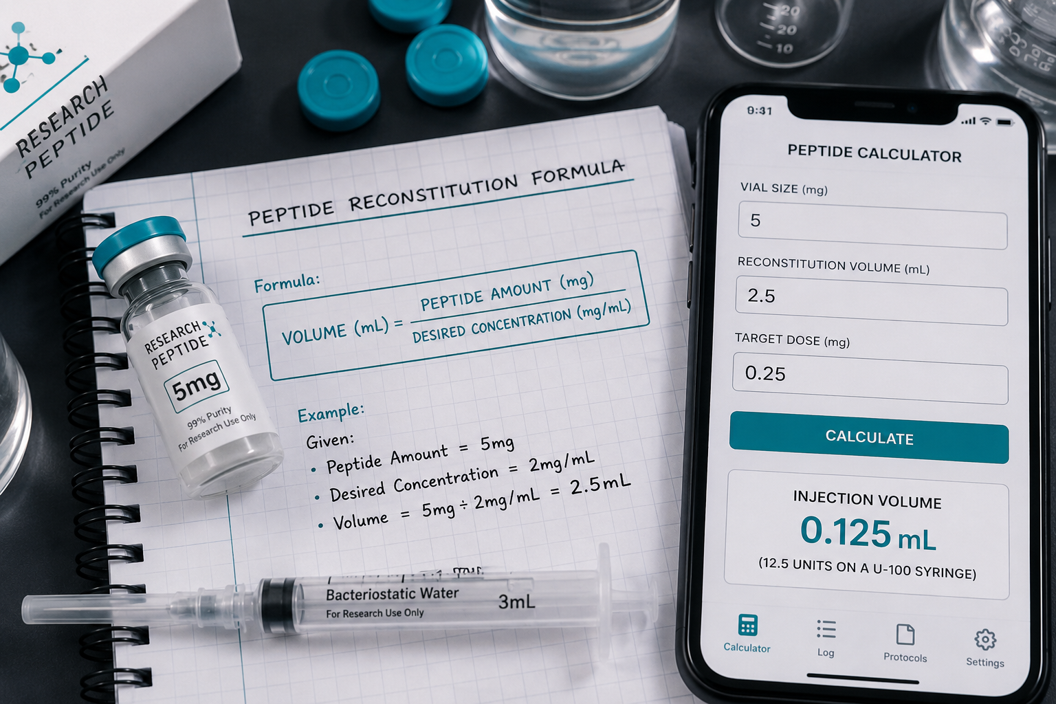 () close-up overhead flat-lay of a research lab workspace showing a peptide vial labeled '5mg', a 3mL bacteriostatic water