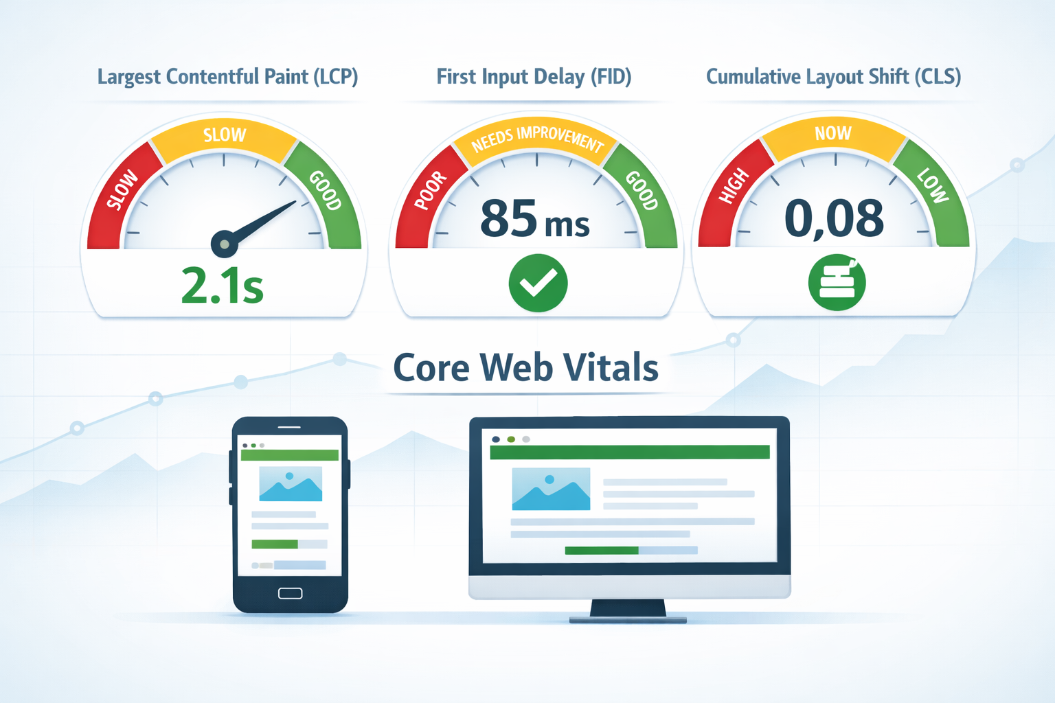 () infographic-style illustration depicting Core Web Vitals metrics dashboard. Three distinct measurement gauges arranged