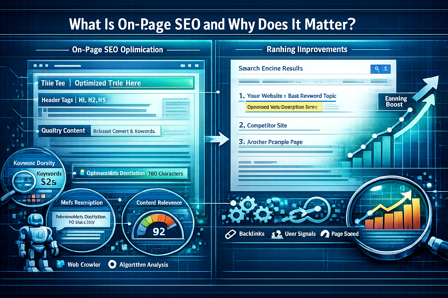 Detailed editorial-style infographic explaining ‘What Is OnPage SEO and Why Does It Matter?’ Split-screen landscape