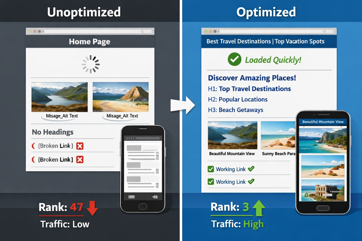() split comparison illustration showing 'Before and After' onpage SEO optimization. Left half labeled 'Unoptimized' shows